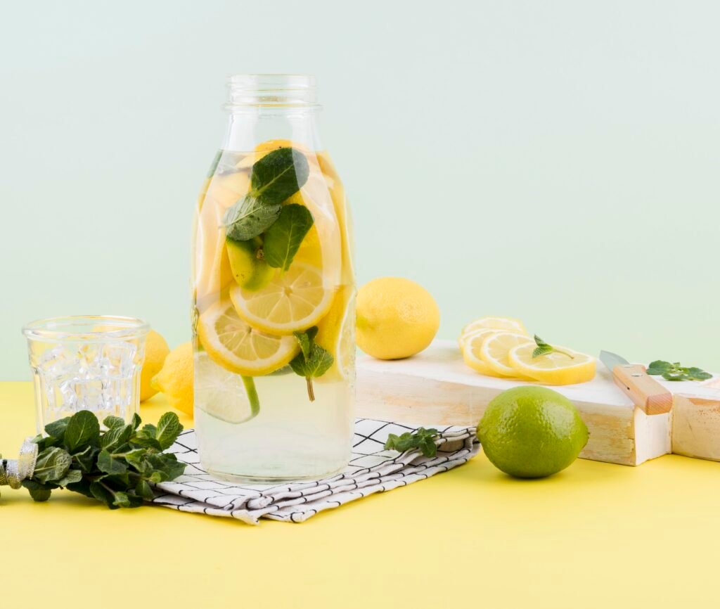 lemon and mint detox water in Glass bottle